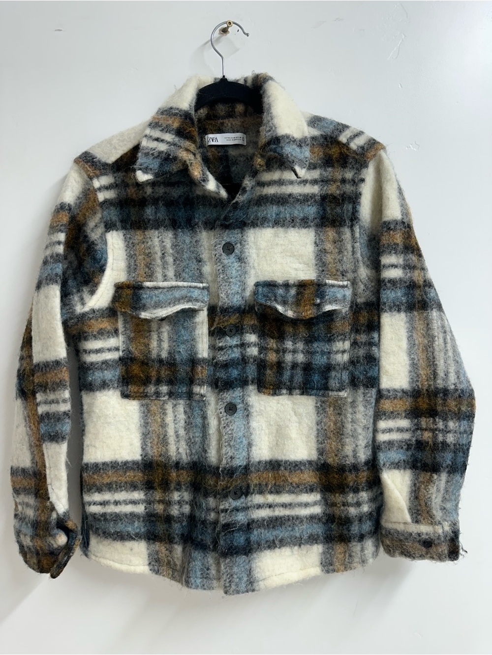 ZARA Men’s Plaid Button-Up Jacket in Cream, Gray & Brown size M